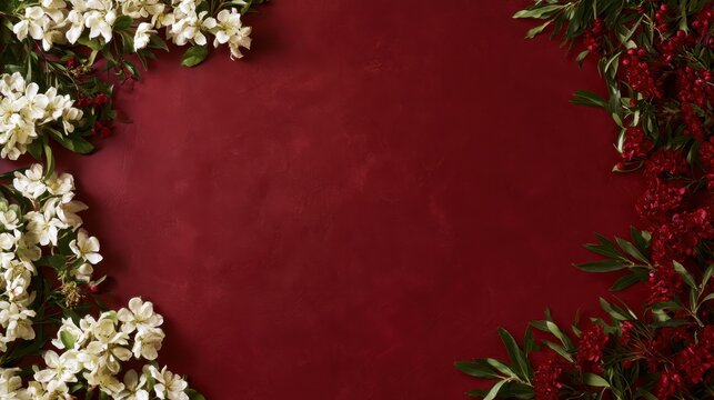 Elegant burgundy surface surrounded by delicate floral decorations and fresh greenery, forming a sophisticated botanical frame with a romantic atmosphere.
