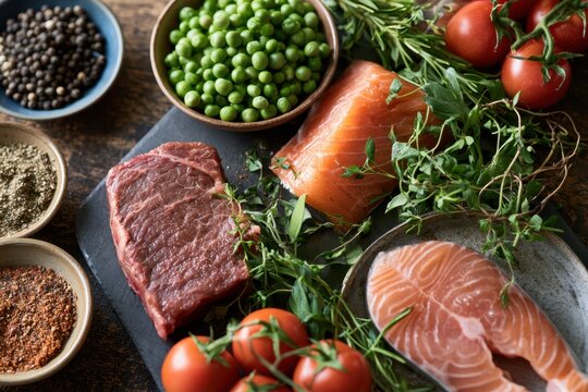 Premium selection of raw beef, salmon, vegetables, herbs and aromatic spices arranged on a rustic tabletop for gourmet meal preparation.
