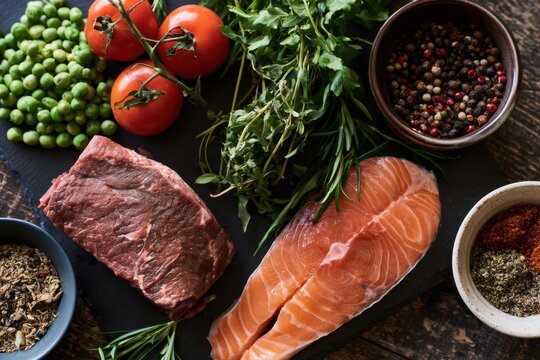 Overhead arrangement of raw beef steak, fresh salmon fillet, vegetables, herbs and spices on a rustic dark table, showcasing premium ingredients for cooking.
