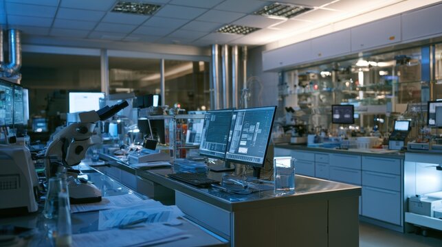 Modern scientific laboratory featuring advanced diagnostic systems, precision instruments and digital monitoring technology for biomedical research.
