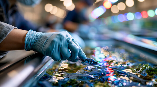 Modern aquaculture hatchery with tanks and juvenile fish as one aquaculture specialist in clean gloves monitors water circulation system