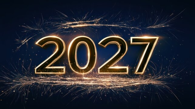 Large illuminated golden numerals reading 2027 surrounded by sparkling light trails against a deep navy festive background, celebrating the arrival of the New Year.
