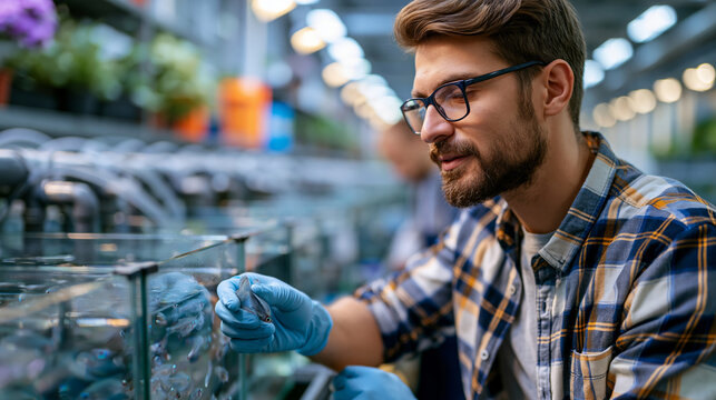 Modern hatchery aquaculture scene with an aquaculture specialist in clean gloves monitoring juvenile fish growth in tanks with water circulation system