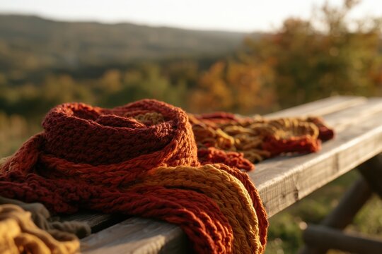 Thick hand knitted scarf in deep red, orange and mustard colors draped over a wooden bench with an autumn mountain landscape in the background.
