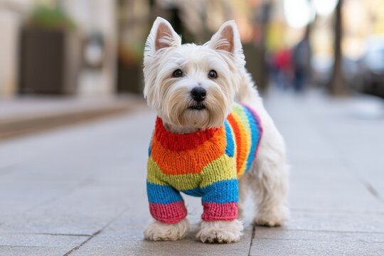 Adorable small white terrier wearing a bright rainbow striped knitted sweater while standing on a city sidewalk with a curious expression.
