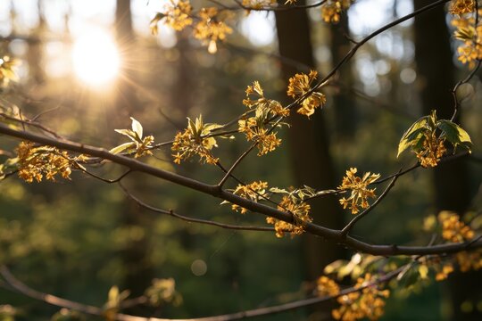 Blooming branch with vibrant yellow flowers surrounded by fresh green woodland, capturing the peaceful atmosphere of early spring.
