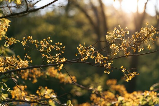 Delicate tree branch covered with small yellow spring blossoms against a softly blurred green forest background, celebrating the beauty of the changing season.
