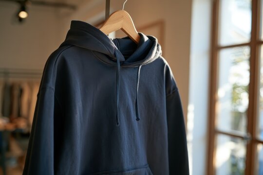 Minimalist dark navy hoodie displayed on a wooden hanger in a contemporary clothing store, highlighting timeless casual fashion.
