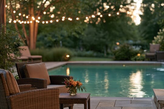 Luxury outdoor seating area beside a sparkling turquoise pool with wicker furniture, floral decorations and warm evening lights in a relaxing resort setting.
