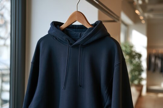 Dark navy hooded sweatshirt hanging on a wooden clothes hanger inside a minimalist fashion boutique, showcasing a clean and modern apparel display.
