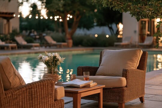 Elegant poolside patio with wicker armchairs, a turquoise swimming pool, fresh flowers and decorative string lights creating a peaceful resort atmosphere.
