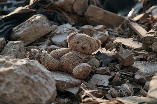 Abandoned teddy bear resting on collapsed building rubble after a devastating disaster, representing the human cost of destruction and resilience.
