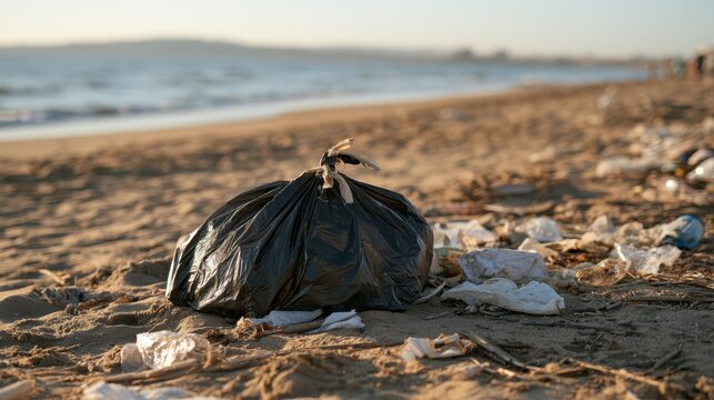 Discarded plastic trash bag resting on a littered beach with the sea in the distance, illustrating coastal pollution and environmental responsibility.
