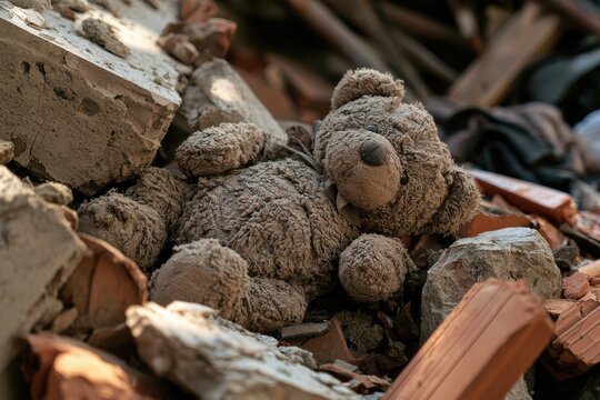 Dust covered teddy bear lying among broken concrete, bricks and collapsed building debris after a natural disaster, symbolizing loss, childhood and humanitarian tragedy.
