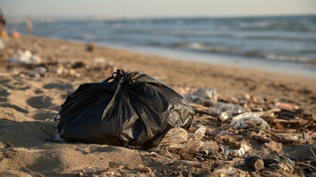 Tied plastic garbage bag left on a polluted sandy beach surrounded by scattered litter, highlighting the impact of plastic waste on coastal environments.
