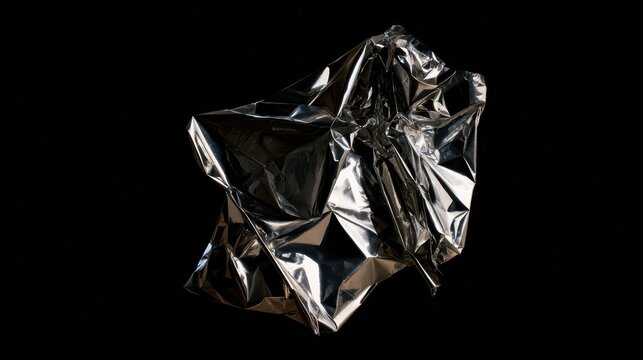 Crumpled reflective silver metallic foil with sharp folds and intricate highlights, creating a striking abstract texture on a black background.
