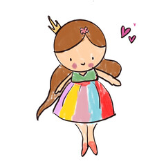 Cute Fairy Princess Girl Hand Drawn Cartoon Illustration with Colorful Dress and Crown