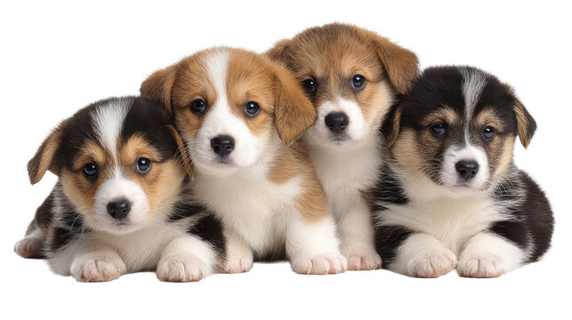 Welsh corgi puppy group isolated on transparent background