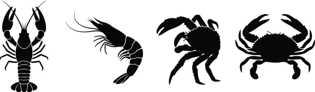 Set of black silhouettes of lobster shrimp and crabs isolated on a plain surface representing various types of fresh seafood for restaurant menu design and icons