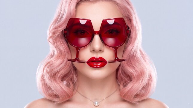 Portrait of a fashionable woman with pink wavy hair wearing oversized red glasses and bright red lipstick against a light background