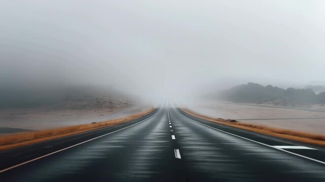 Atmospheric footage follows an empty roadway disappearing into dense fog with limited visibility and minimal surroundings. Video for transportation, road safety, travel