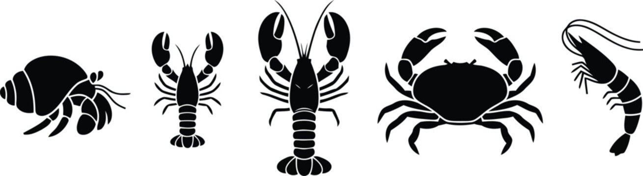Set of black silhouettes of sea animals including hermit crab lobster crayfish crab and shrimp isolated on a simple design for marine life icons and coastal graphics