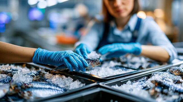 Quality inspector in protective gloves checks fish freshness on seafood processing line in a chilled hygienic environment with ice boxes