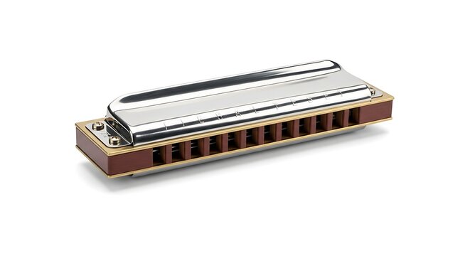 Shiny metallic harmonica musical instrument isolated against a plain white studio background