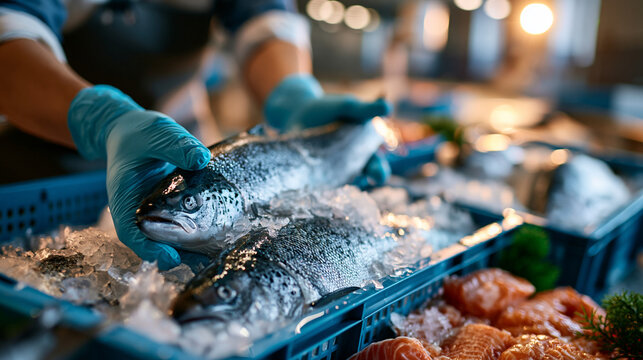 Chilled seafood processing line inspection with a fish inspector in protective gloves checking freshness near ice boxes with sanitary workflow