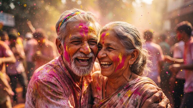 Vibrant Holi celebration of an elderly Indian couple sharing a joyful moment, covered in colorful powders