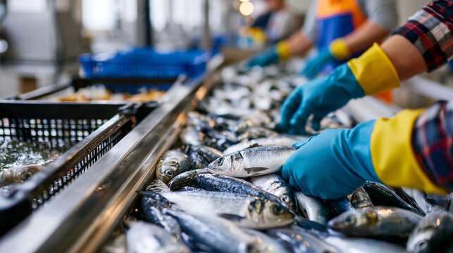 Gloved workers sorting fish by size on a conveyor in an industrial seafood processing factory top view technical scene
