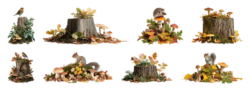 PNG Woodland animals with mushrooms on tree stumps, transparent background