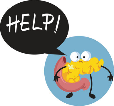 injured Pancreas Character Screaming For Help Vector Cartoon Illustration. mDamaged internal organ character feels pain crying out loud for medical assistance 
