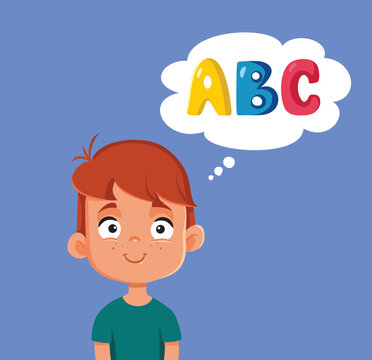 Smiling Young Child Thinking About ABC Letters Vector Cartoon Illustration. Happy boy dreams of learning fundamental ABC alphabet letters 
