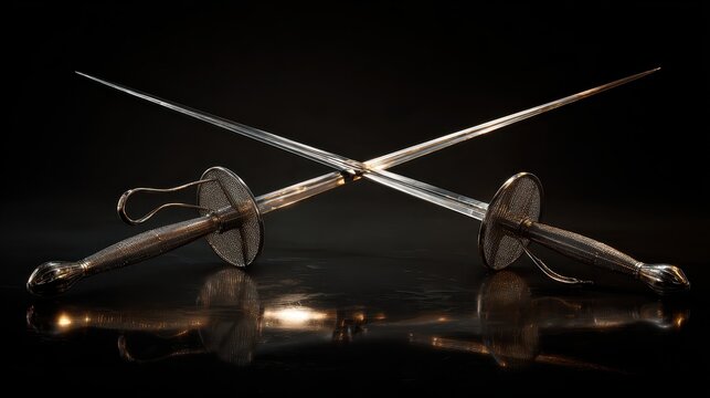 Two crossed fencing swords on dark reflective surface. AI generated image