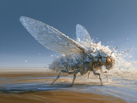 Desert mirage forming giant mechanical insect made of salt crystals, partially dissolving into wind, glowing core, anime sci-fi fantasy blend style. 