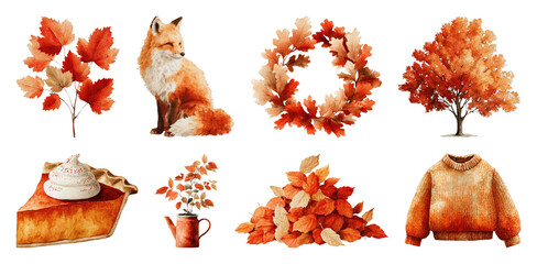 Fototapeta premium PNG Autumn-themed illustrations with fox, leaves, and pie, transparent background