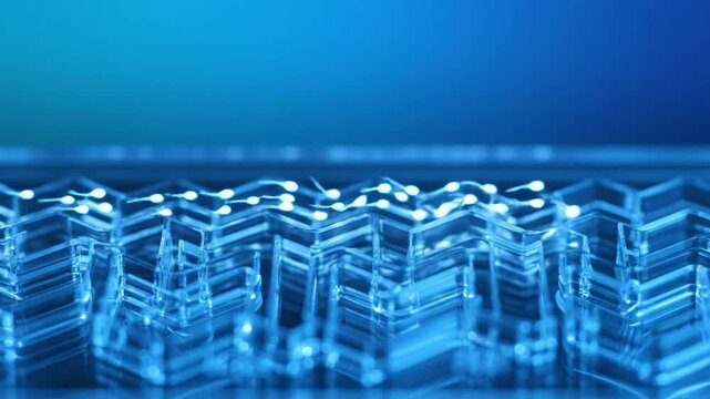 Microfluidic channel with sperm cells moving through geometric glass paths for fertility tech