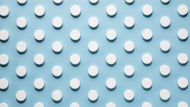 Uniform grid pattern of small white medicinal pills on soft blue background with health care medicine pharmacy background