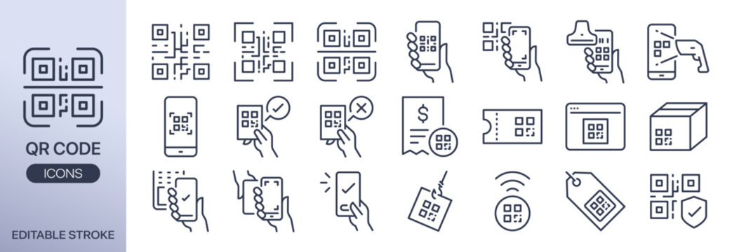 QR code line icon set. It includes scan, online, web link, mobile banking, and more icons. Editable Vector Stroke.