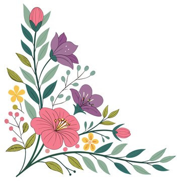 Beautiful floral corner border with colorful spring flowers and green leaves