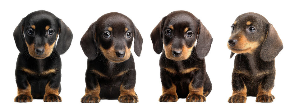 Chocolate Dachshund puppy collection set in various poses transparent background