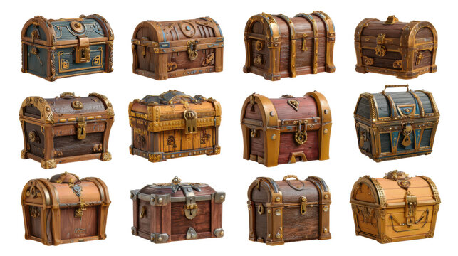 Cartoon loot box collection PNG pack for mobile game UI reward