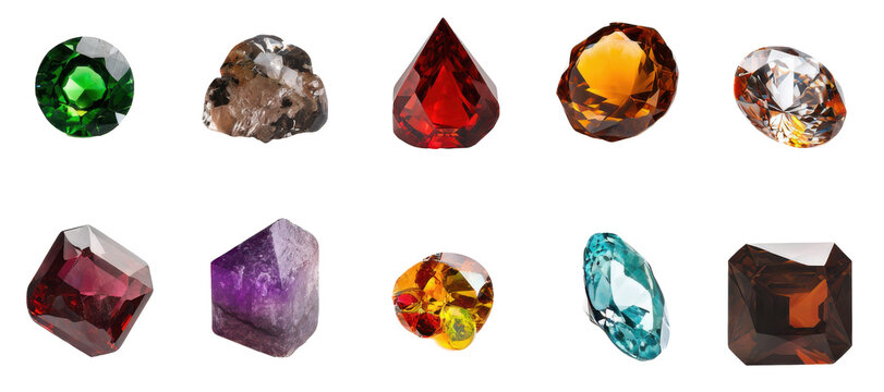 Assorted realistic gemstones and diamonds set on transparent background PNG