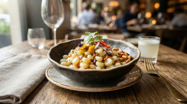 Peruvian choclo corn salad with red onions and cilantro. Traditional ceviche side dish with toasted cancha corn in a restaurant setting. South American cuisine