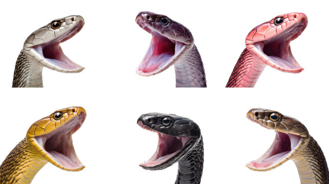 Snake heads collection with open mouths and fangs isolated set