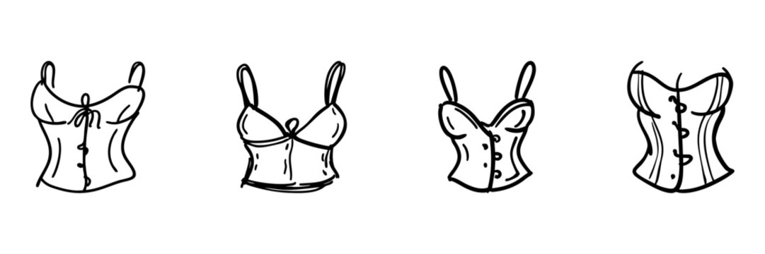 Corset And Bustier Tops In Hand Drawn Style Set. Fashion Apparel Doodle Sketch Collection. Clothing Design And Fashion. Isolated Vector Illustration