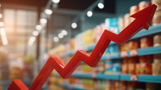 Red upward arrow in front of supermarket shelves symbolizing rising grocery prices, inflation, food costs, economic growth, retail market trends, consumer spending and finance concept.
