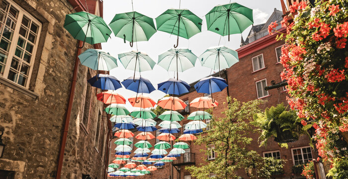 Lot of Umbrellas in Petit Champlain street Quebec city, Canada