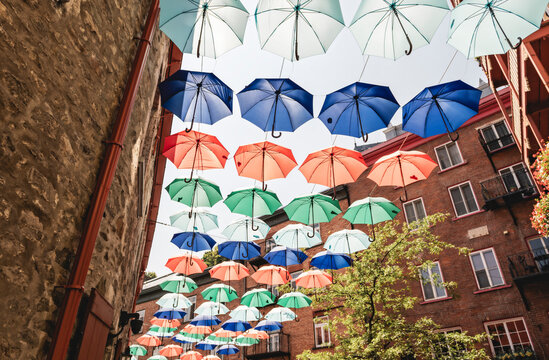 Lot of Umbrellas in Petit Champlain street Quebec city, Canada